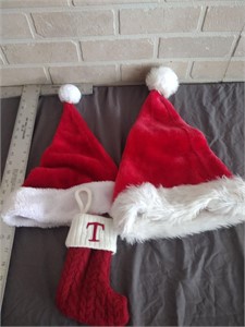 2 Red Santa Hats Custom "T" Stocking