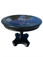 EBONIZED DECORATED GLASS TOP DRUM TABLE