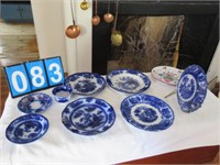 FLOW BLUE PLATES, SAUCERS, CUP & 2 OTHER PLATES