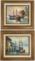 Pair Ships in Harbor Oil Paintings