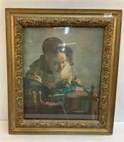Framed Antique style Print of Little Girl Sewing
