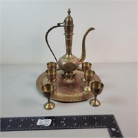 Vintage Etched Brass Aftaba Tea Pot & 6 Goblets