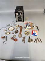 Interesting Lot Of Brownie Camera, Old Stamps, Wri