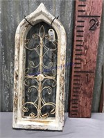 Wood and metal arched window art, pair