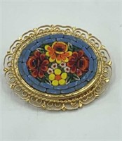 Vintage MOSAIC GLASS Flower Gold Tone Brooch