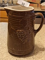 Brown Stoneware Pitcher w/ Grape Pattern