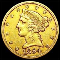 1854 $5 Gold Half Eagle LIGHTLY CIRCULATED