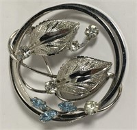 Sterling Silver Leaf Pin With Clear & Blue Stones