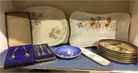 Shelf lot of china, 2 platters, 6 hand painted