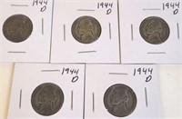 5 - 1944 D Jefferson Silver War Nickels