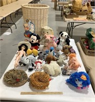 Basket w/stuffed animals & doll