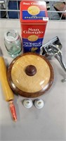 Wooden Bowl, Wearever Juicer, Pasta Tin