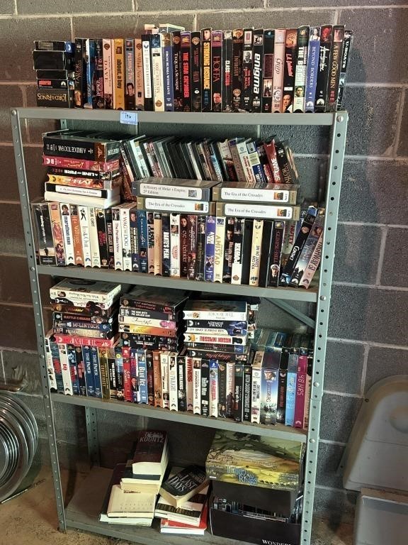 METAL SHELF W/VHS TAPES AND DVD'S