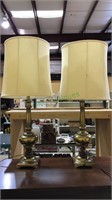 Pair of solid brass table lamps with shades, 33