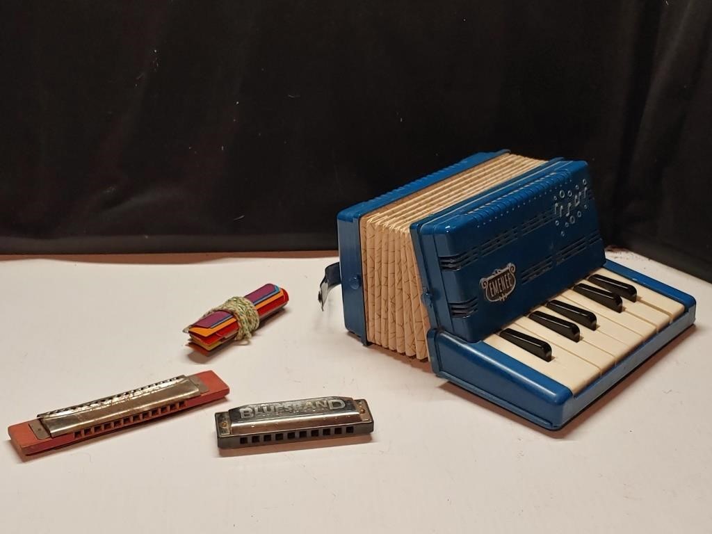 Vintage Music Lot.  Toy Accordian, two harmonica,