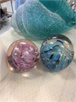 Pair of pink and blue art glass paperweights