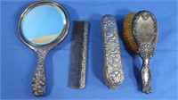 Sterling Hand Mirror, Comb, Brush Set