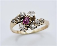 14K Rose Gold Mine Cut Diamond & Ruby Ring