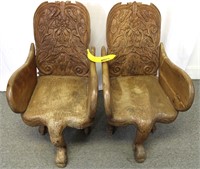 Pair Intricate Hand-Carved Pheasant Chairs