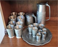 Grouping Pewter Platter Tankards Cups