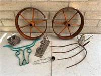 2 Old Tractor Wheels, Pitch Fork & Some Goodies