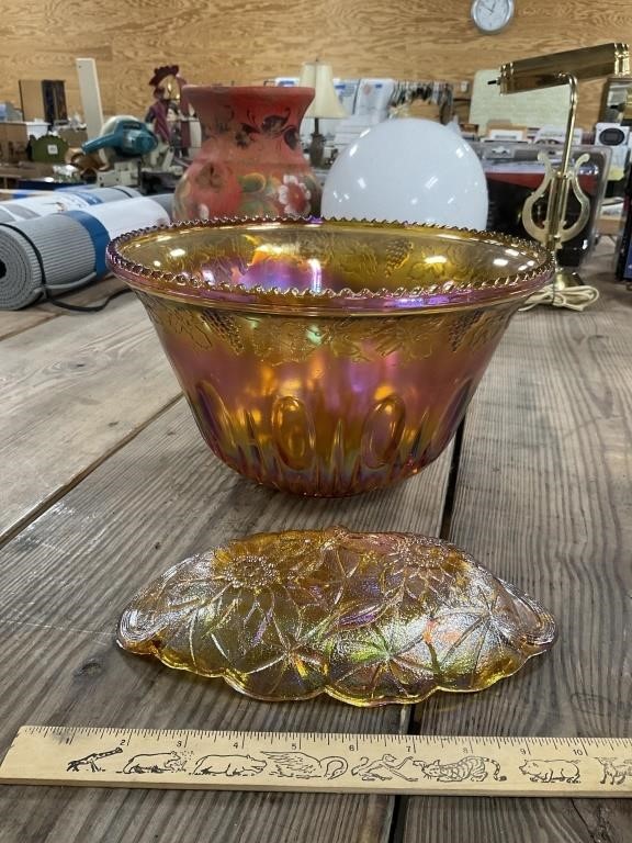 Carnival Glass Punch Bowl and Relish Plate