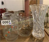 Glass cups, vase, and pitcher