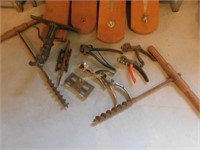 early saw vise, saw sets, gages, t-augers drills