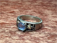.925 Sterling Silver 12k Gold Blue Stone Ring