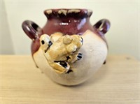 Red and Tan Pottery Vase w/ Frog 4"