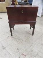 MAHOGANY TRUNK ON STAND WITH KEY