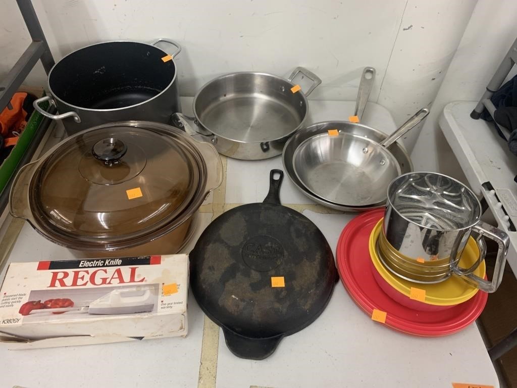 Cast iron pan, electric knife, pots and pans