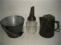 Pail-Enamel Coffee Pot- Oil Jar 1 Lot