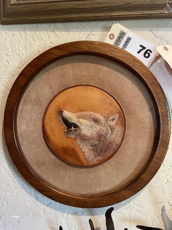 Coyote embossed on leather artist signed w/ frame