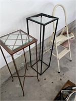 2 step folding ladder & 2 glass top stands. One