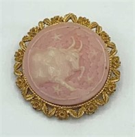 Vintage Horoscope Ram Cameo Pink Brooch