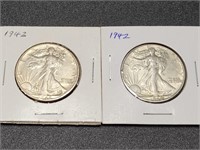 Two 1942 Walking Liberty Half Dollars