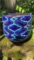 Blue Glazed Patterned Planter10x11