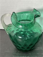 VINTAGE GREEN COIN DOT BLOWN GLASS PITCHER WITH