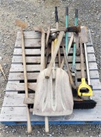 (BC) Pallet of Shovels Pickaxe Broom