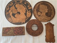 Lot of 5 Handmade Pyrography Wooden Decor
