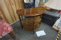 old walnut half moon table with 2-lower shelves