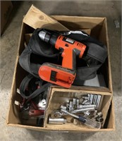 Box of Hand Tools, Clamps, Power Drill.