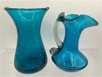 Vintage blue crackle glass vase and creamer