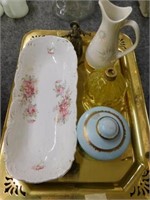 Brass tray with assorted items such as vase - jar
