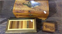 3 wood boxes, cedar box, inlaid wood box and one