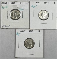 1943, 44-D, 45-D UNC Silver Mercury Dimes