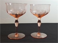 2pc Peach Rose Crystal Stem Glasses Wheel Cut