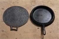 2 Antique Cast Iron Odorless Skillet & Flat Pan