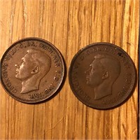 (2) 1940's United Kingdom 1/2 Penny Coin